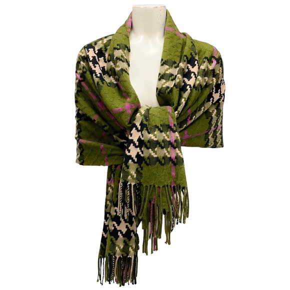 BURBERRY OLIVE GREEN / MAGENTA MULTI FRINGED HOUNDSTOOTH PLAID CHECK MERINO WOOL - Picture 1 of 6